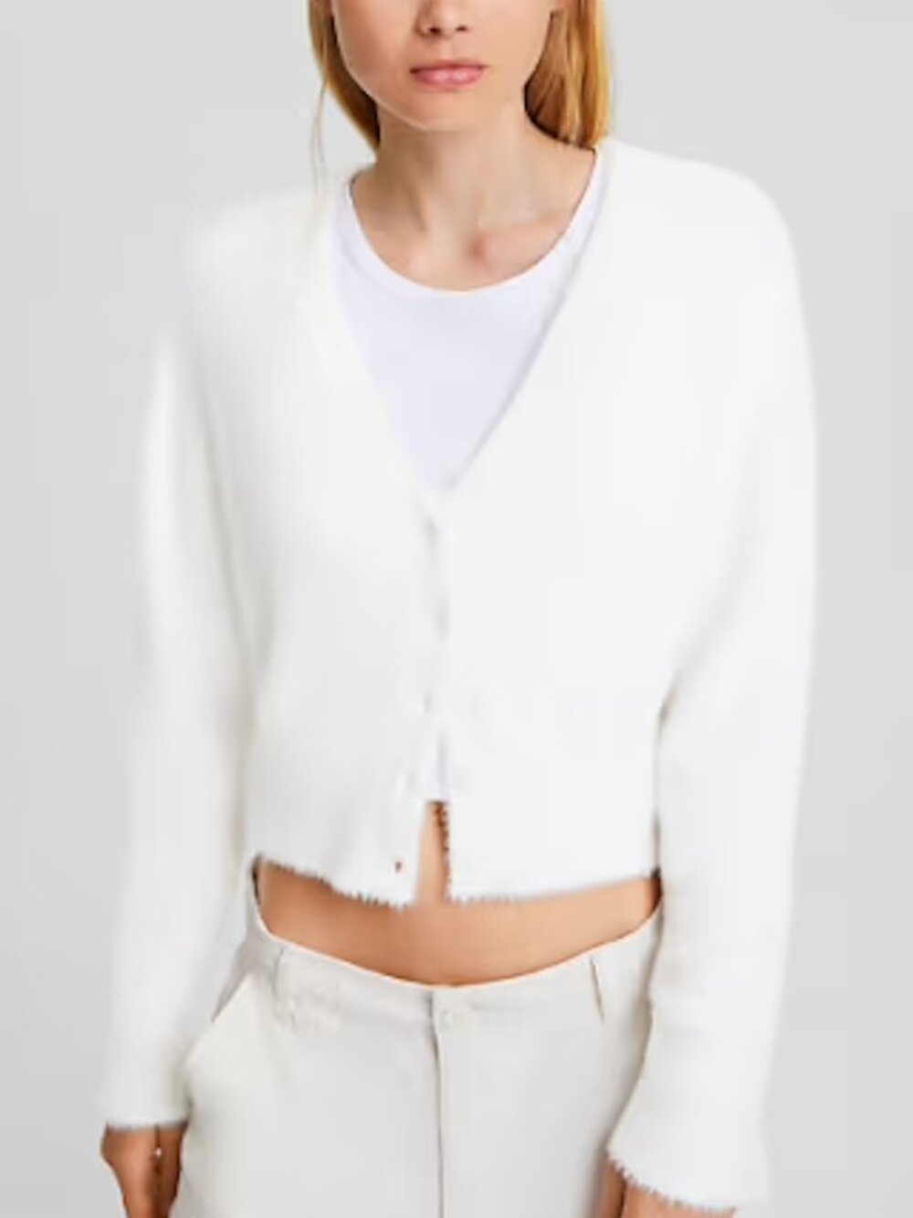 Fluffy Bright White Cropped V-Neck Cardigan